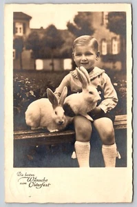 Postcard RPPC Boy with Pet Bunny Rabbits Best Wishes for Easter Osterfest - Picture 1 of 2