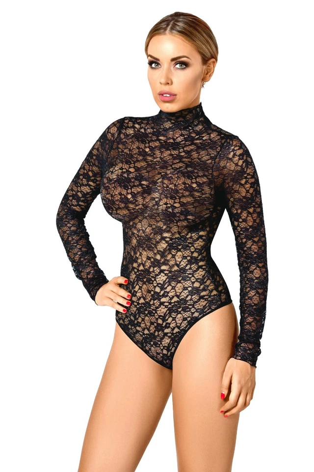 Body aus Spitze Langarm Bodysuit Damenbody Catsuit Ouvert Dessous, Made in EU  - Bild 1 von 1
