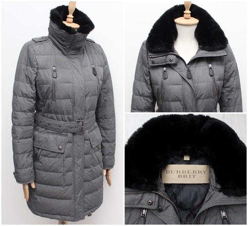 Autentico piumino lungo trapuntato donna BURBERRY BRIT giacca cappotto pelliccia bordo M