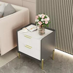 Nightstand with 2 Drawers Gold Metal Leg Marble Tabletop Bedside Table Sofa Side - Picture 1 of 14