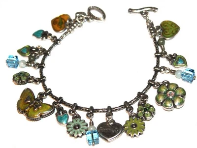 BRIGHTON Firmado Hermoso Corazones Florales Dijes Pulsera 1 gema desaparecida Lote # 366 Foto 1 de 2