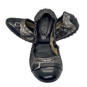 Tods Dee Planos Talla 37.5 Cuero Negro Punta Redonda Hebilla Ballet Plateado Metálico - Imagen 1 de 12