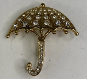 Vintage Gold Tone with Rhinestones Metal Umbrella Brooch Pin - Picture 1 of 4