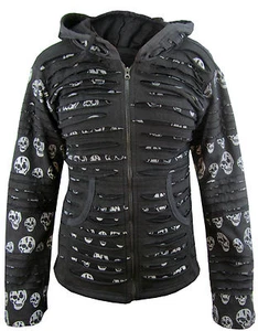 Ladies Skull Printed Gothic Emo Pointed Elf Pixie Slashed Razor Cut Ribs Hoodie - Picture 1 of 3