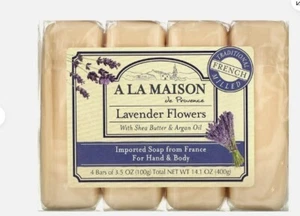 New A La Maison Hand & Body Bar Soap Lavender Flowers 4 Bar Pack 3.5oz Each - Picture 1 of 3