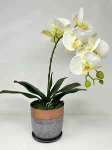17" Lg WHITE Phalaenopsis ORCHID silk flower plant, 5" Copper Metal Planter - Picture 1 of 5