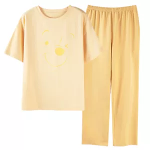 Cotton Women Pajama Set 2 Pcs Short Sleeve Pullover Top Sleepwear Long PJ Pants - Picture 1 of 8