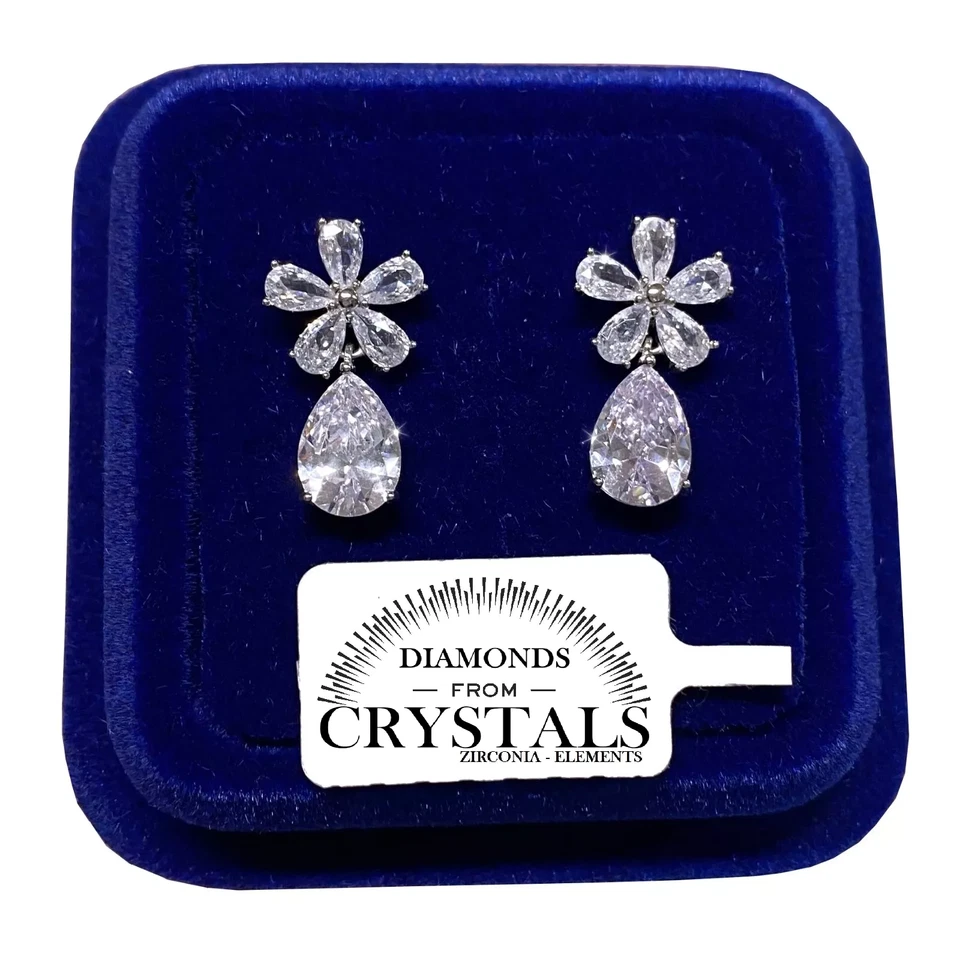 Orecchini Fiori con Goccia pl. oro Bianco 18K con Cristalli Zirconi SW2/4 - Immagine 1 di 4