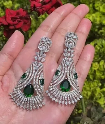 Simulated 24.32 TCW Emerald & Sapphire Heavy Bridal Engagement Party Earrings - Image 1 of 4
