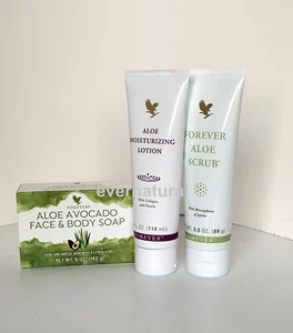 SET of Forever Aloe Scrub (3.5 oz),Aloe Moisturizing Lotion (4oz) & Avocado Soap - Picture 1 of 5