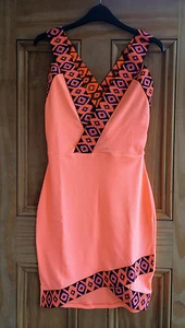 Miss Selfridge New Coral Neon Orange Aztec Cross Over Back Bodycon Dress 4 - 6