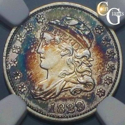 1829 Capped Bust Half Dime Rainbow Toning NGC AU About Uncirculated Beautiful ! - Image 1 of 4