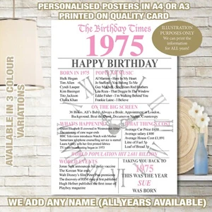 1975 Back in Birthday personalisiert UK Fakten Zeitung GESCHENK Erinnerung Poster 071 - Bild 1 von 9