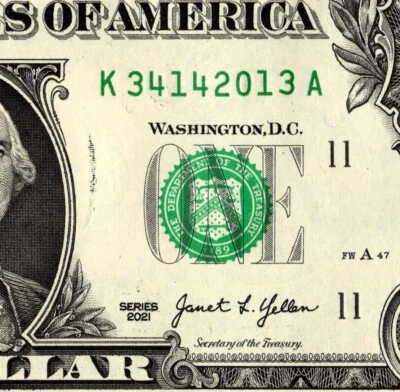 Банкнота 2013 года необычный серийный номер один доллар K34142013A - Изображение 1 из 4