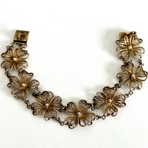 Brazalete vintage 900 plata intrincado detallado filigrana flor eslabón damas 7" - Imagen 1 de 10