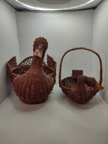 Pair Of Duck Shaped Woven Baskets With Wooden Beaks Cover