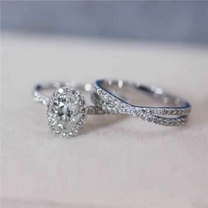 1.59Ct White Oval & Round CZ Wedding Ring Set In Solid 925 Sterling Silver - Picture 1 of 3