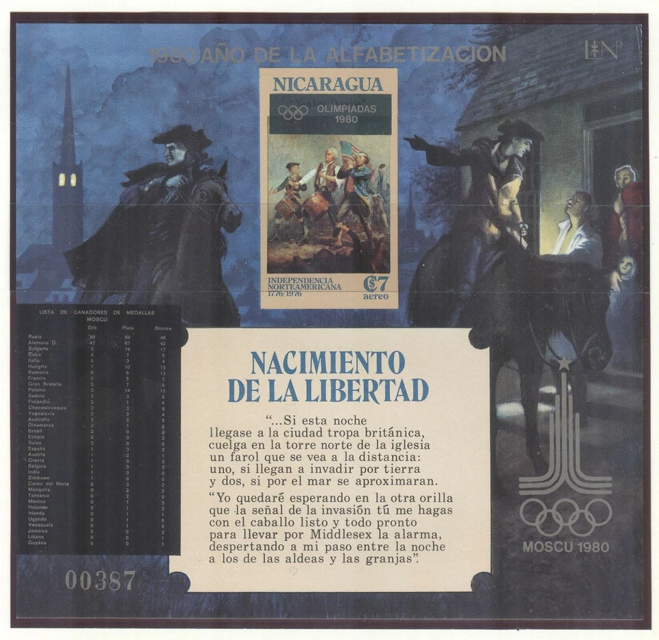 NIcaragua Olympic Games Moscow 1980 imperforated block MNH - Image 1 of 1