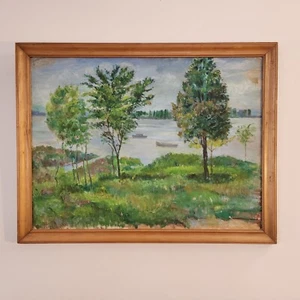 Tableau impressionniste début XXe paysage fluvial 18 x 24 pouces - Photo 1/9