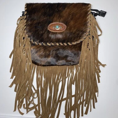 Black - Brown Fringed Hide Fur Leather bag with Tassel Western Style No Strap - Imagem 1 de 4