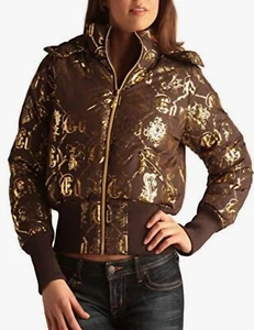 Ed Hardy by Christian Audigier Sz XL Women's Brown/Gold Puffer Jacket NWT W/Hood - Picture 1 of 15