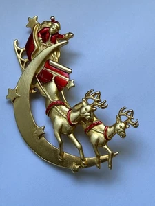 JJ signierte Pinsel goldfarbene & rote Weihnachtsbrosche Anstecknadel Weihnachtsschlitten Rentier Mond - Bild 1 von 8