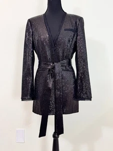 Rachel Zoe Sz 2 Ozur Sequin Smoking Jacket Black Long Sleeve Blazer Tie Belt - Picture 1 of 18