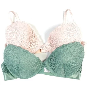 Lace Push Up Bra Set Womens 36C Demi Cup Pink Green Underwire Feminine Sexy - Picture 1 of 10