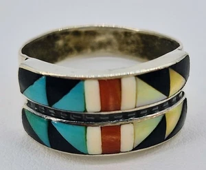 Anillo Vintage Plata de Ley 925 Zuni Turquesa Ónix Perla Coral Incrustación Firmado - Imagen 1 de 5