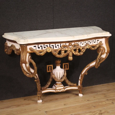 Console antique style Louis XV furniture table white marble top 20th century Cover