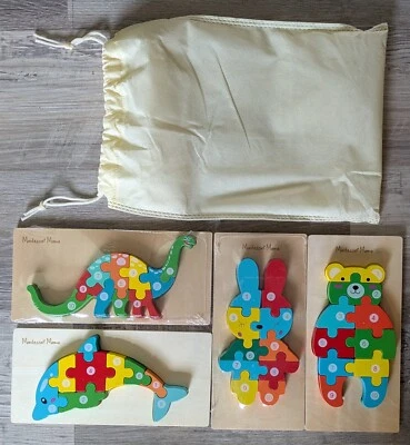 Montessori Mama Wooden Toddler Puzzles Ages 2-4 Dinosaur Dolphin Bear Bunny - Image 1 of 4