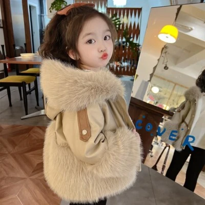  Baby Kids Faux Fur Thick Parka Girls Warm PU Hooded Coat Jacket Coat Outerwear - Image 1 of 4