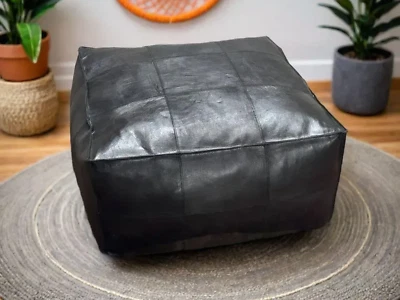 Aamazing Pouffe Leather Black Ottoman Moroccan Footstool Unstuffed New 30'' - Image 1 of 3