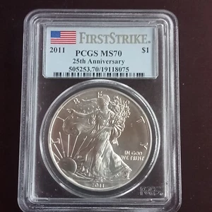 1899-O MORGAN SILVER D. AND2011 AMERICAN SILVER EAGLE MS-70 PCGS, 25 ANNIVERSARY - Picture 1 of 23