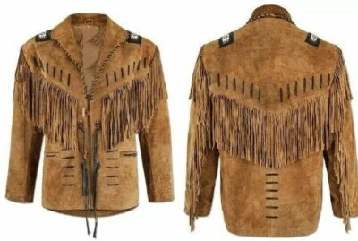 Western Traditional Men's Cowboy Leather Jacket Coat with Fringes beads - Image 1 of 4