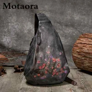 Vintage Genuine Leather Floral Backpack Women Soft Chest Sling Bag Retro - Picture 1 of 10
