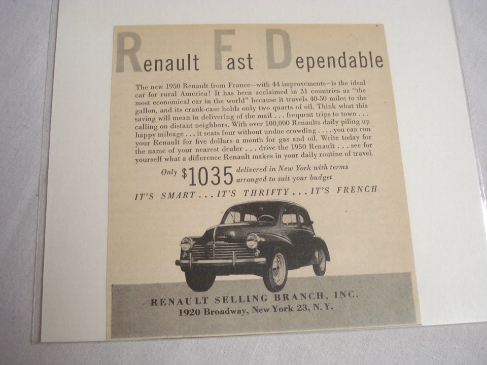 1950 Ad Renault Fast Confiável "Apenas $1035" - Imagem 1 de 1