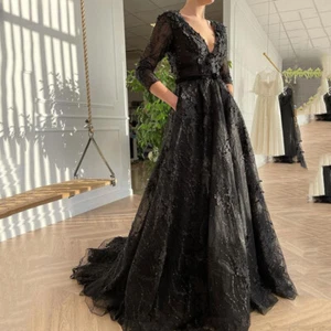 Gothic Black A-Line Wedding Dresses V-Neck 3/4Sleeves Lace Bridal Gowns Train - Picture 1 of 6
