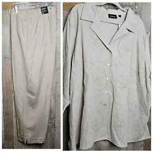 Avenue Besom Pocket Pant-Set Linen Embroidered Top Short Sleeves Size 30 Khaki - Picture 1 of 17