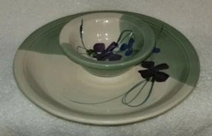 Studio Art Pottery Signed Follette Chip And Dip Removeable Bowl Set Flowers - Picture 1 of 6