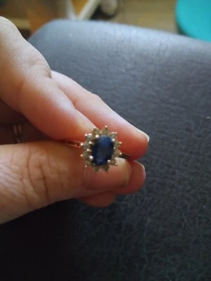 Anel feminino de safira azul com diamantes de destaque tamanho 7,5 - Imagem 1 de 2