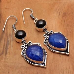 Blue Sapphire Black Onyx Handmade Drop Dangle Earrings Jewelry 2.2" AE 18270