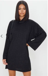 PLT Pretty Little Thing Black Glitter Roll Neck Flare Sleeve Dress Size 6 - Picture 1 of 4