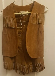 TREGOS WESTWEAR T-W Fringed Brown Suede Leather vest skirt Size 12 Vintage Girl - Picture 1 of 12