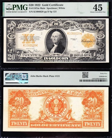 Amazing Crisp HIGH GRADE "Mule" 1922 $20 GOLD CERTIFICATE! PMG 45! FREE SHIPPING Cover