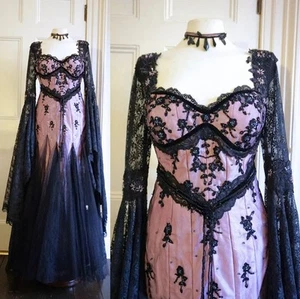 Black Pink Gothic Wedding Dresses Vampire Black Lace Wedding Dresses Bridal Gown - Picture 1 of 9