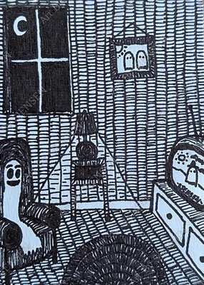 Original ACEO Ink Drawing Art Card Ghost Halloween Illustration Abstract OOAK - Image 1 of 2