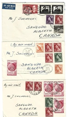 Australia Años 50 - 3x Múltiples Fundas de Correo Aéreo Franqueado a Sangudo, Alta. Canadá Foto 1 de 2