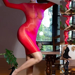 Alluring Halter Bodycon Tights Sheer Dress Glossy Shiny Fashion Apparel - Picture 1 of 34