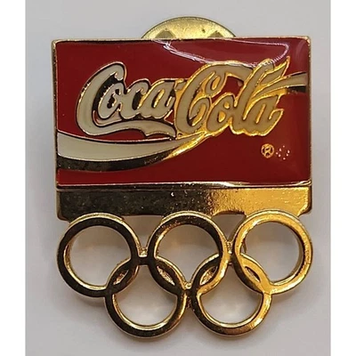 OLYMPICS Coca-Cola Coke Gold and Red Lapel Hat Pin Pinback 1" 5 Gold Rings - Image 1 of 3